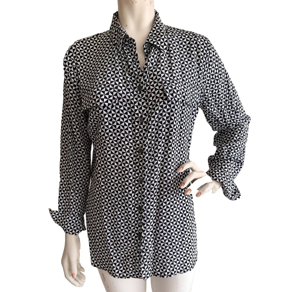 EQUIPMENT Top 100% Silk Black White Geometric Print Long Sleeve Blouse Size L